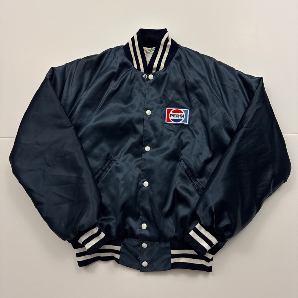 Vintage Pepsi Cola Patch Satin Snap Button Bomber Jacket Navy Blue Medium